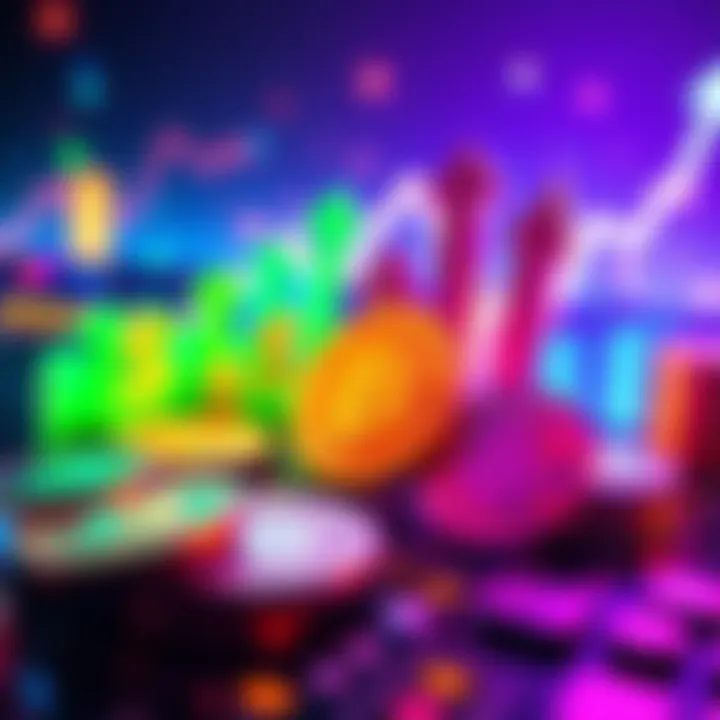 A visual showing various cryptocurrencies with upward arrows signifying interest growth, alongside dollar signs and graphs indicating financial returns.