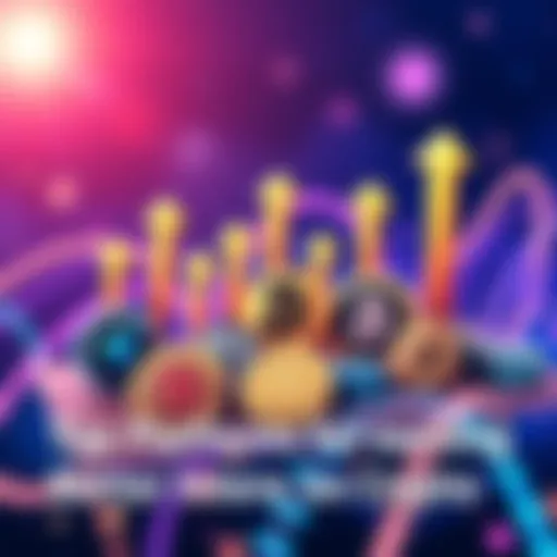 Illustration showing various cryptocurrency platforms with upward arrows indicating growth and interest rates; coins like BTC are featured prominently.