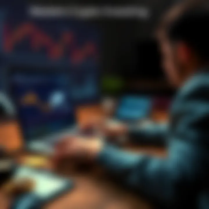 A person studying cryptocurrency charts and researching Ethereum, Solana, and Bitcoin on a laptop at a desk.