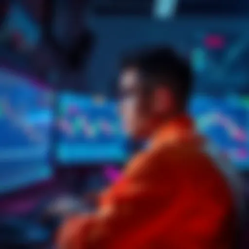 A person looking at computer screens with cryptocurrency charts and graphs, showing concern and focus on investment strategy