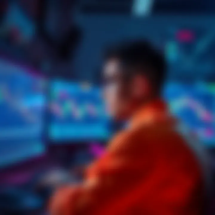 A person looking at computer screens with cryptocurrency charts and graphs, showing concern and focus on investment strategy