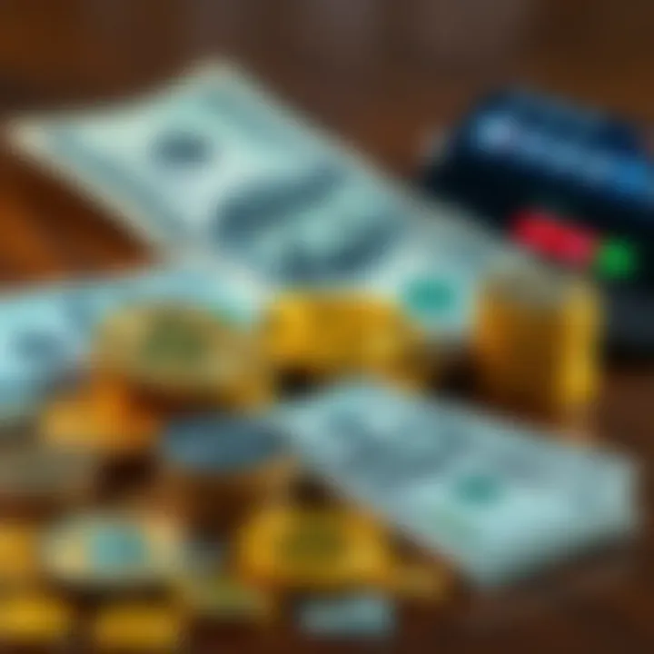 Coins and dollar bills on a table A close-up of various cryptocurrency coins and a stack of dollar bills representing small investments in crypto.