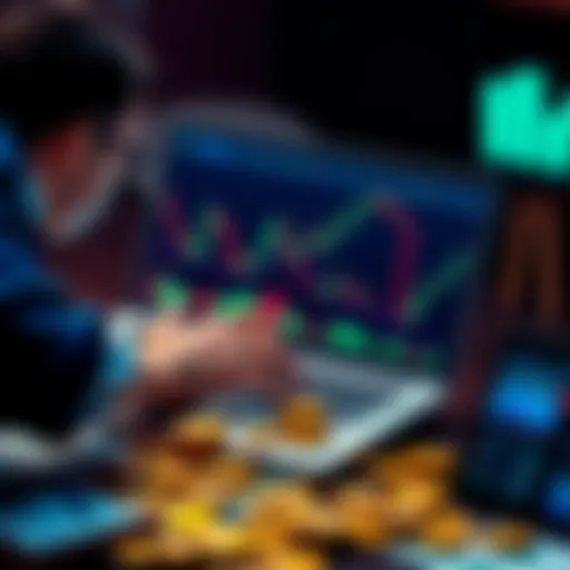 A person analyzing cryptocurrency charts on a laptop, surrounded by coins and notes, illustrating their investment experience.