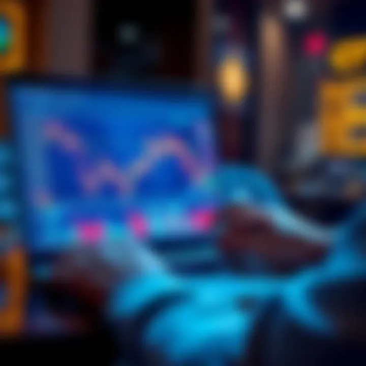 A person analyzing cryptocurrency trends on a laptop with graphs and charts visible on the screen