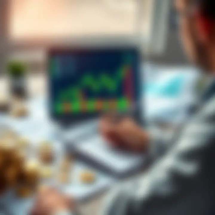 A person analyzing crypto charts on a laptop with a notepad and pen, surrounded by crypto coins and financial documents.