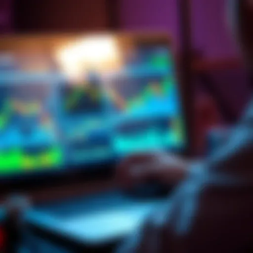 A person analyzing crypto graphs on a laptop with charts showing price dips and rises, indicating investment strategies.