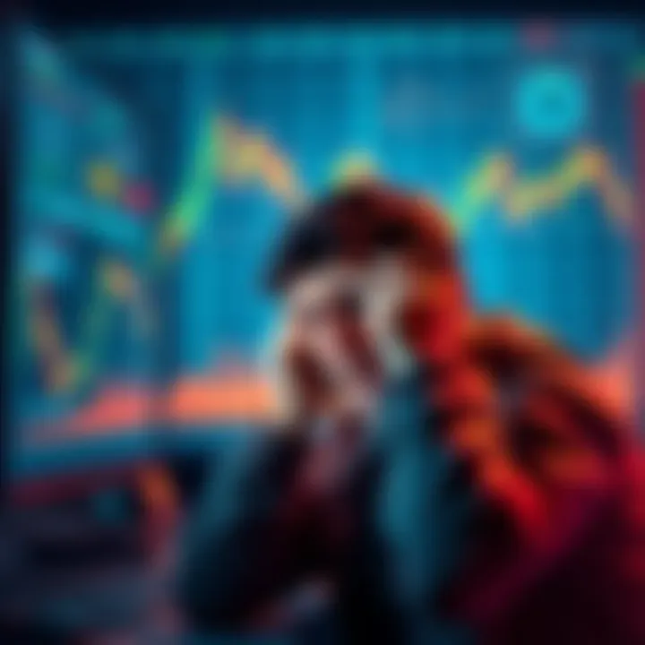 A distressed person looking at a falling cryptocurrency chart on a screen, representing the emotional toll of being a bagholder in 2026