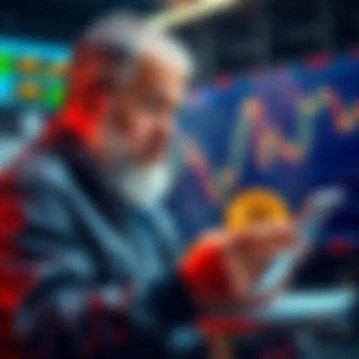 A seasoned investor analyzing Bitcoin charts, showing determination and focus on future investments.