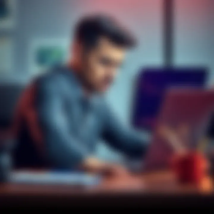 A man sits at his desk looking upset, with a laptop showing falling cryptocurrency values, symbolizing a significant financial loss.