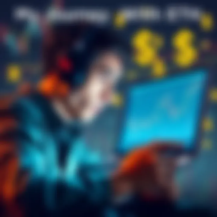 A person looking at a chart on a laptop with a thoughtful expression, reflecting on their investment decisions in Ethereum, surrounded by graphs and dollar signs.