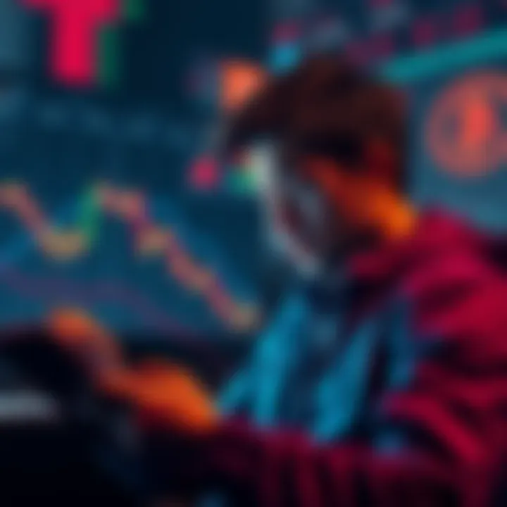 A worried crypto investor reviewing their portfolio, showing a decline in value, with visible charts and ETH symbols in the background.