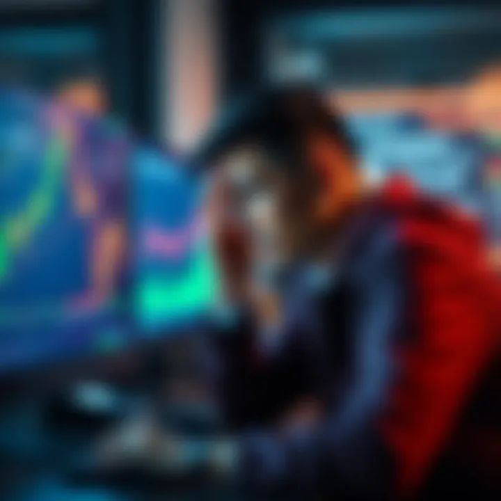 A crypto investor looks worried while watching a market chart on a computer, showing a significant dip and recovery.