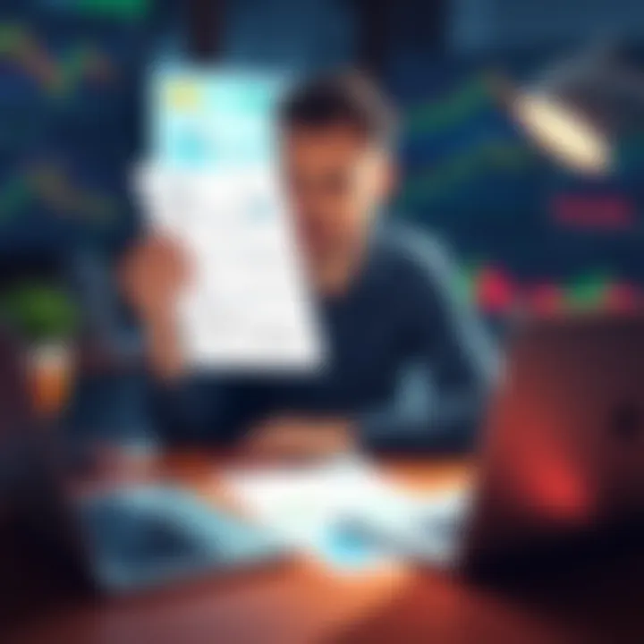 A person sitting at a desk, looking relieved while examining a 1099-DA tax form from Coinbase, surrounded by cryptocurrency charts and a laptop.