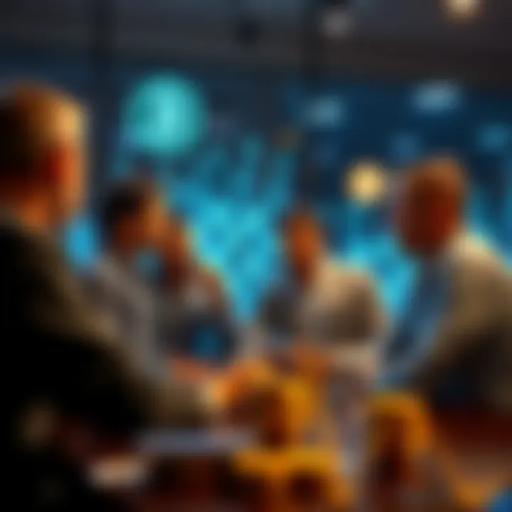 A group of people discussing cryptocurrency trends and strategies in a modern setting, with digital currency symbols in the background.