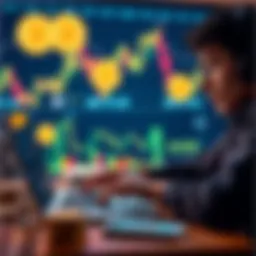 A person studying financial trends on a laptop with cryptocurrency icons and graphs in the background, symbolizing the importance of knowledge in crypto investing.