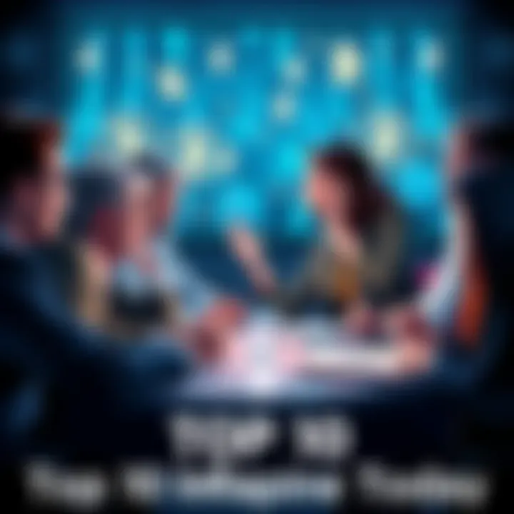 A group of influential figures in cryptocurrency discussing ideas around a table with digital currency symbols in the background.