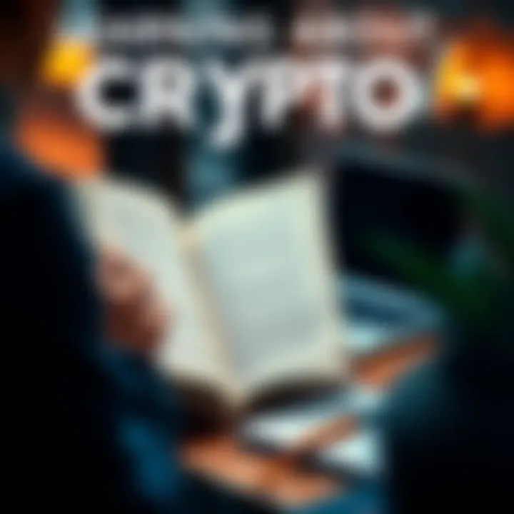 A person reading a book about cryptocurrency with a laptop and notepad nearby, symbolizing education in the crypto space.