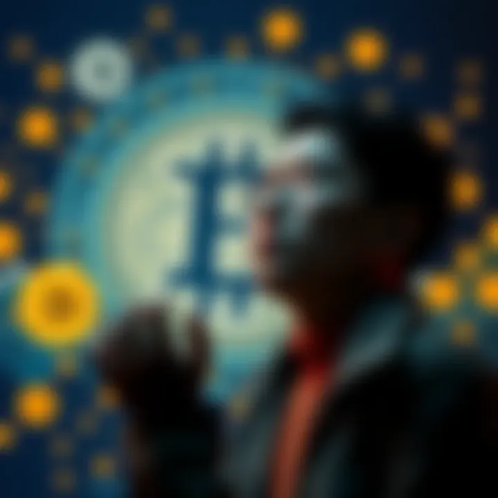 A person contemplating crypto-backed loans with Bitcoin graphics in the background.