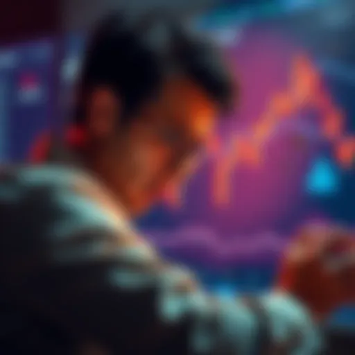 A worried person looking at a crypto price chart showing a downward trend, with coins in the background as collateral for loans.