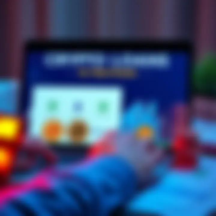 A person reviewing loan options on a laptop, with Bitcoin and Ethereum logos visible, alongside a house model and financial documents.