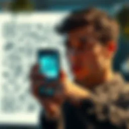 A person looking distressed while holding a phone showing a crypto wallet app, with a blurred image of a QR code in the background