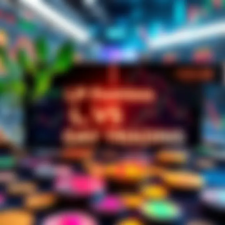 A comparison graphic showing LP farming and day trading in cryptocurrency, with visual elements like coins, charts, and risk indicators.