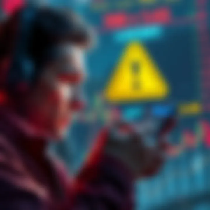 A person looking worried while checking cryptocurrency prices on a smartphone, with a warning symbol in the background
