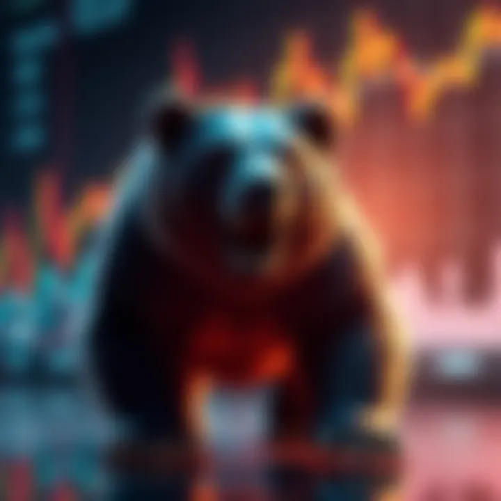 A bear symbol representing market downturn, with fluctuating crypto graphs in the background, showing a decline in values.
