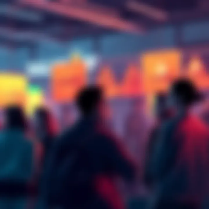 Crypto Market Caution A group of people engaging in a lively discussion about cryptocurrency, with warning signs about scams visible in the background.