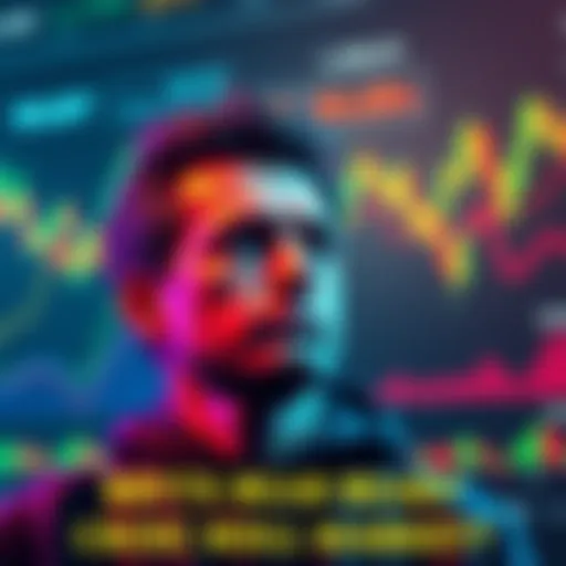 A person contemplating whether to hold or sell cryptocurrency amid a bear market, with graphs showing market trends in the background.