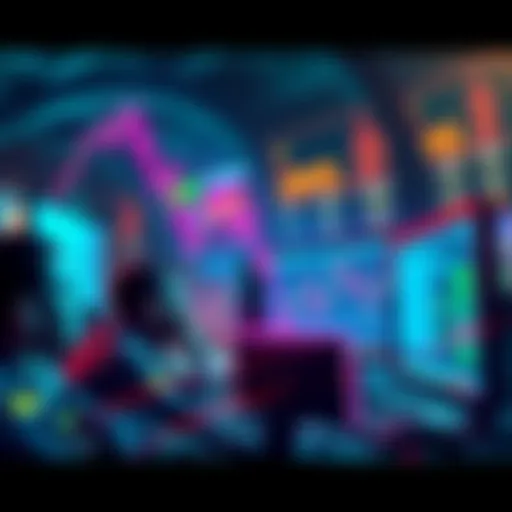 A graphic showing a downward trend in cryptocurrency prices, with distressed traders looking at their screens in shock.