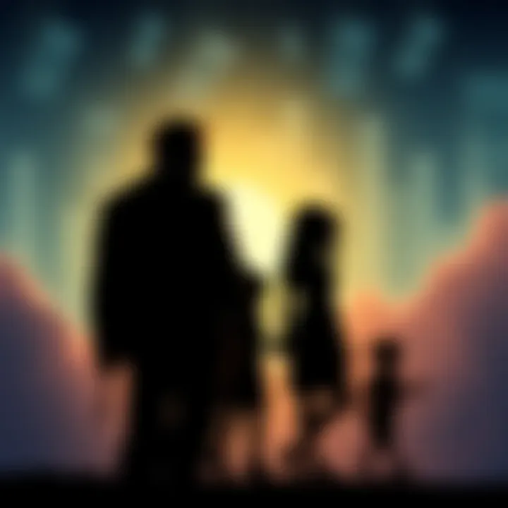 Illustration showing a graph with a downward trend, symbolizing the decline of cryptocurrency, with images of dollar bills fading in the background. A silhouette of a concerned family can be seen in front of the graph, indicating financial distress.