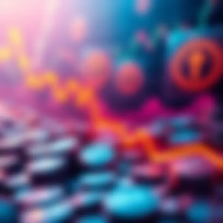 A graphic showing a downward trend in cryptocurrency trading volume with Tether logos in the background.