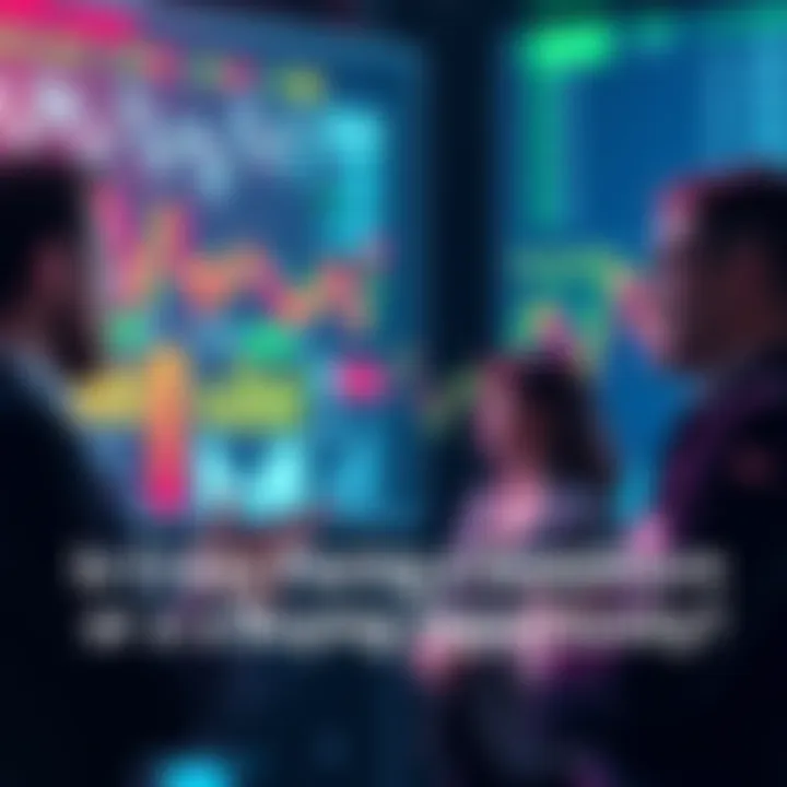 People discussing the crypto market trends with charts and graphs in the background