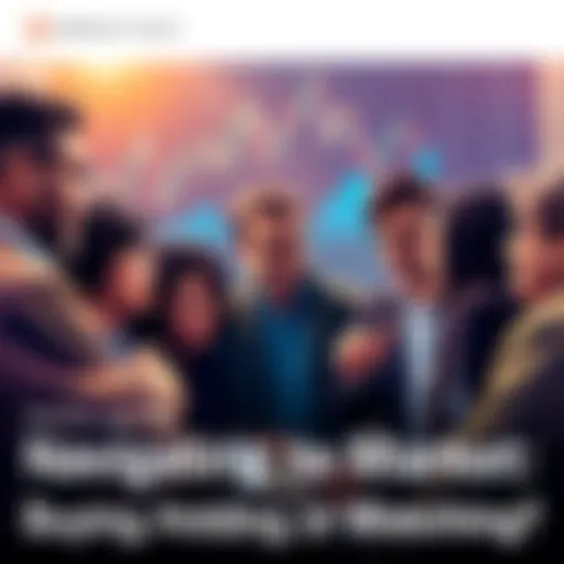 A group of diverse people engaged in a discussion about cryptocurrency strategies, with charts and graphs in the background.