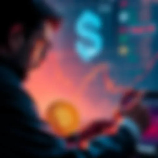 A graph showing a decline in cryptocurrency values with a backdrop of a worried investor looking at news about Trump's Iran threats.