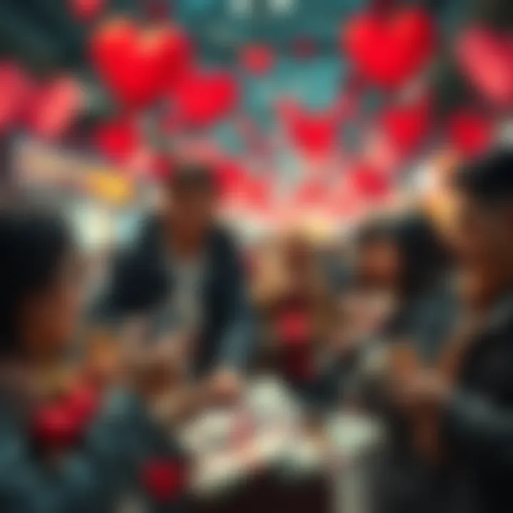 People selling cryptocurrencies with Valentine's Day decorations, cash in hand, and heart symbols around them.