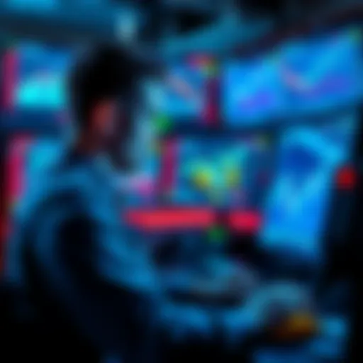 A trader looking at multiple screens showing cryptocurrency charts and graphs, highlighting market fluctuations and potential FOMO.