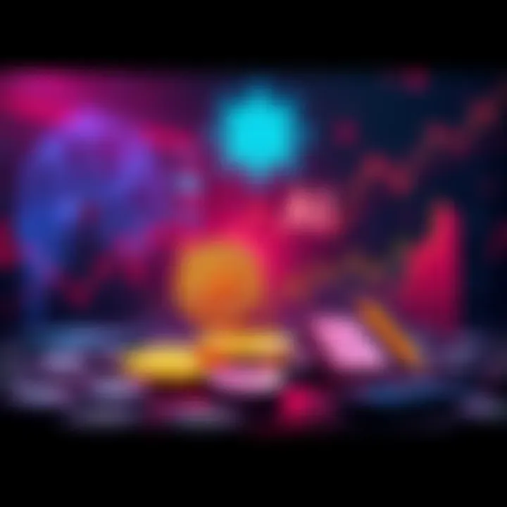 An illustration showing a declining cryptocurrency chart alongside rising gold and stock market graphs, with AI symbols in the background.