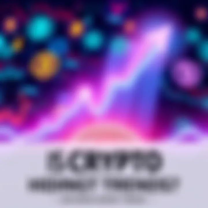 Graph showing cryptocurrency market trends with upward and downward arrows, signifying volatility, against a backdrop of digital currency symbols.