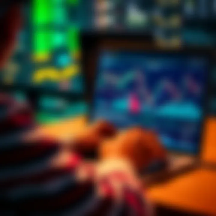 A person analyzing cryptocurrency charts on a laptop with visual graphs and data on the screen