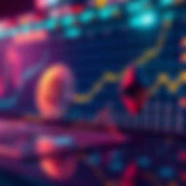 A digital representation of Bitcoin and Ethereum prices fluctuating, with a graph showcasing rising and falling trends, symbolizing market predictions.