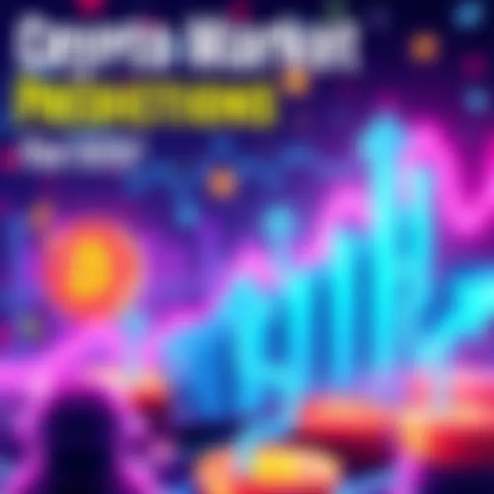 An illustration showing cryptocurrency symbols with arrows pointing up, down, and sideways, representing market predictions for the future.