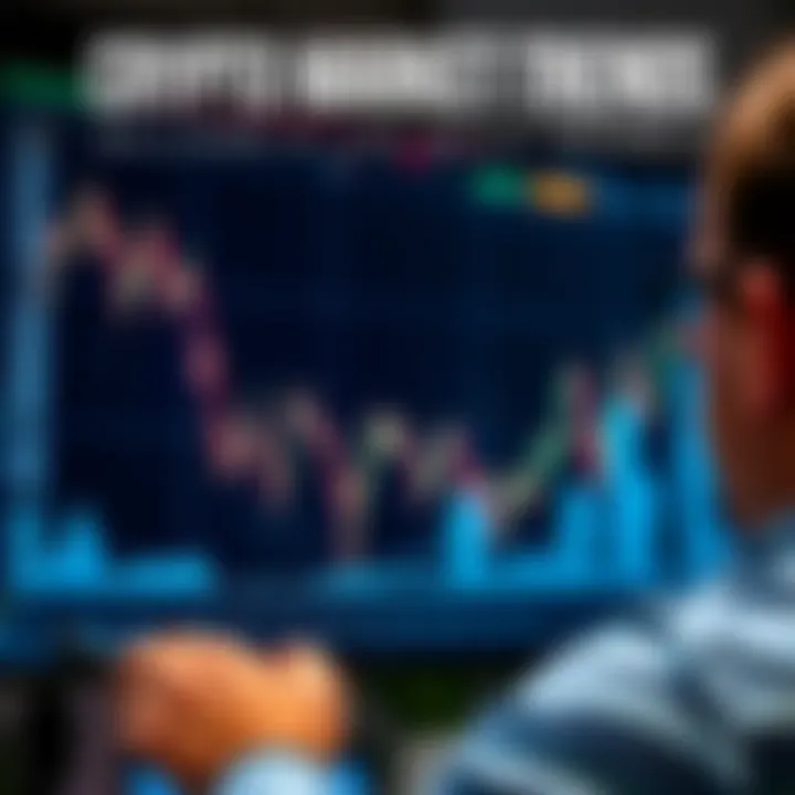 A graph showing cryptocurrency trends with upward and downward movements, alongside a person analyzing data on a screen.