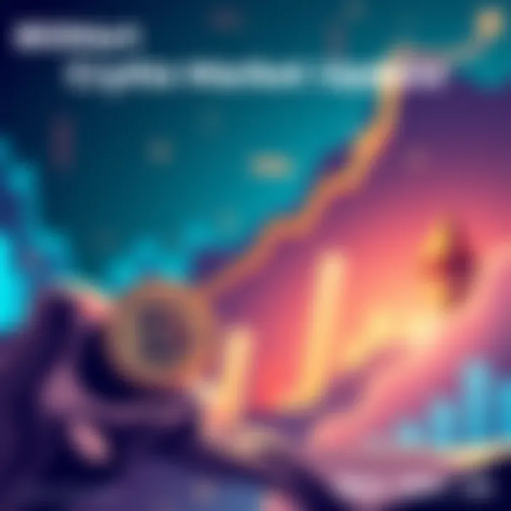 Illustration showing rising cryptocurrency trends with Bitcoin and Ethereum symbols, along with a graph indicating net flows and a Fear & Greed Index visual.