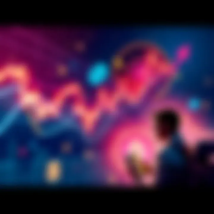 Crypto Market Volatility A fluctuating crypto chart showing sharp rises and falls in value, representing market volatility, with dollar signs and a confused investor looking on.