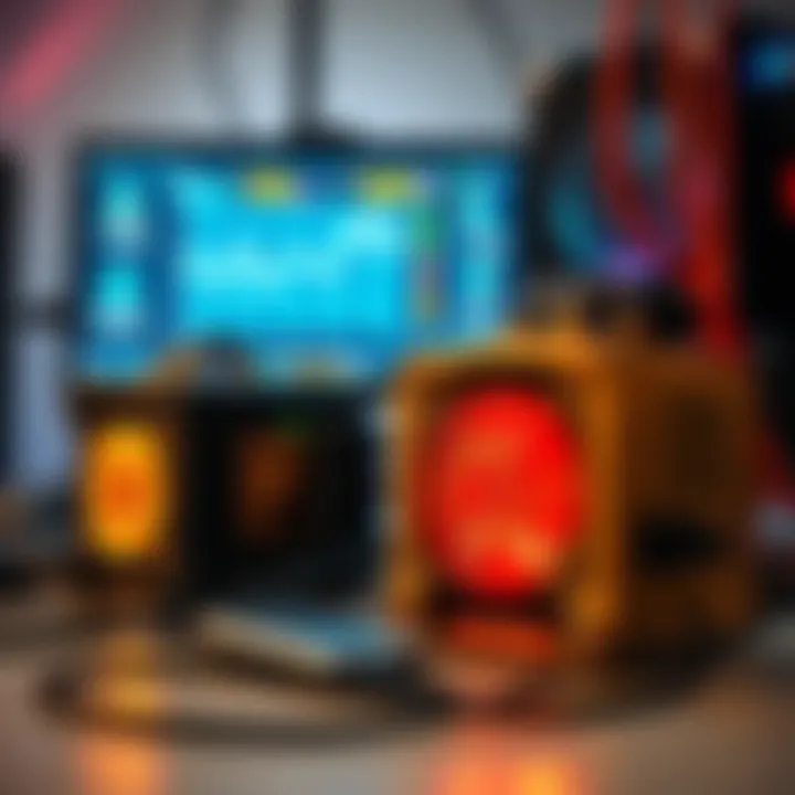 A setup of crypto mining equipment including Gold Shell and Lucky Miner 7 devices with connected cables and a computer monitor displaying mining statistics.