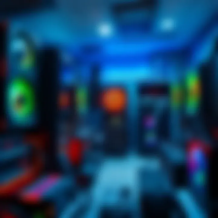 A collection of GPU mining rigs and ASIC miners in a well-organized workspace, showcasing various components like motherboards and power supplies.