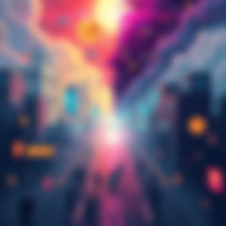 Illustration showing a digital city split between bright utopian elements and dark dystopian aspects, highlighting social inequalities due to cryptocurrency.