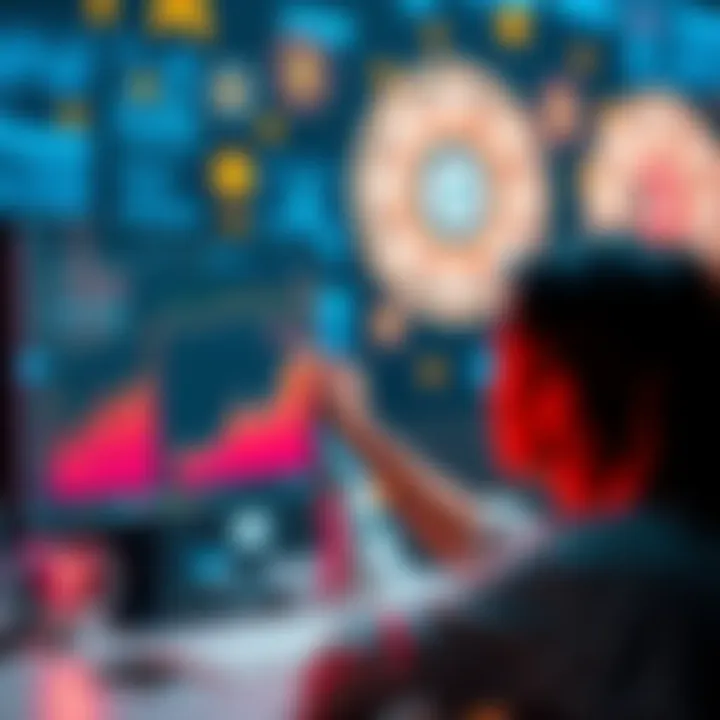 A person analyzing data on a computer screen with cryptocurrency symbols and AI elements in the background